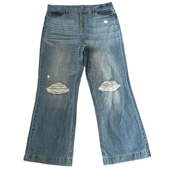 Venus Distressed Holes In Knees Wide Leg High Waisted Medium Light Wash Jeans - Picture 1 of 6